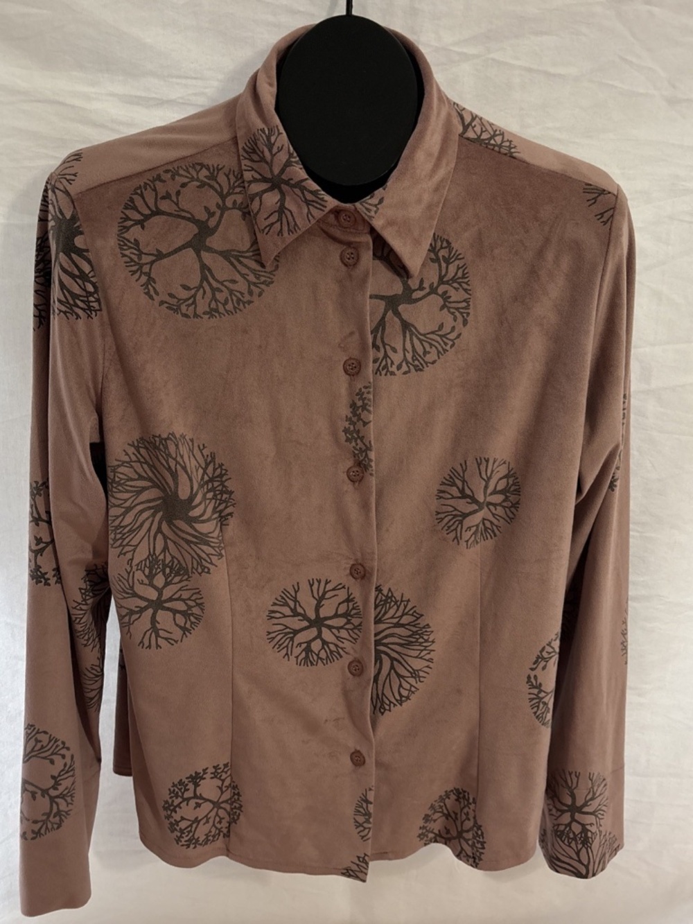 ROBERT KITCHEN Size L Pink Faux Suede Button Down Blouse Top Tree of Life